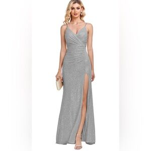 NWOT Silver Maxi Dress Long Split Mermaid for Special Occasions Sz 4